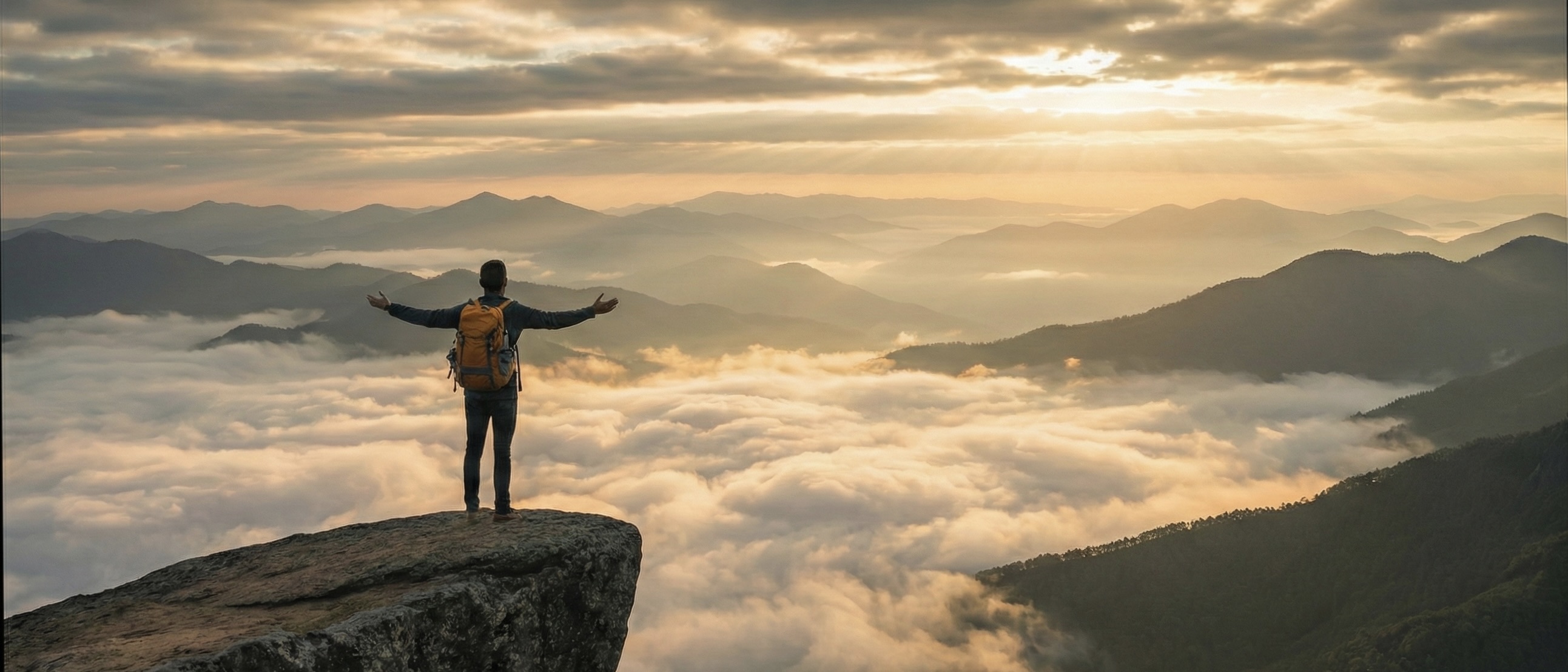 Misty mountain landscape at golden hour